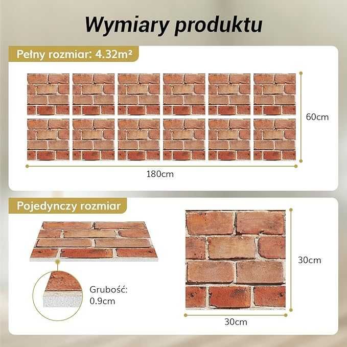 12x Paneli Akustycznych Samoprzylepnych 30x30X0,9 Imitacja Cegły RETRO