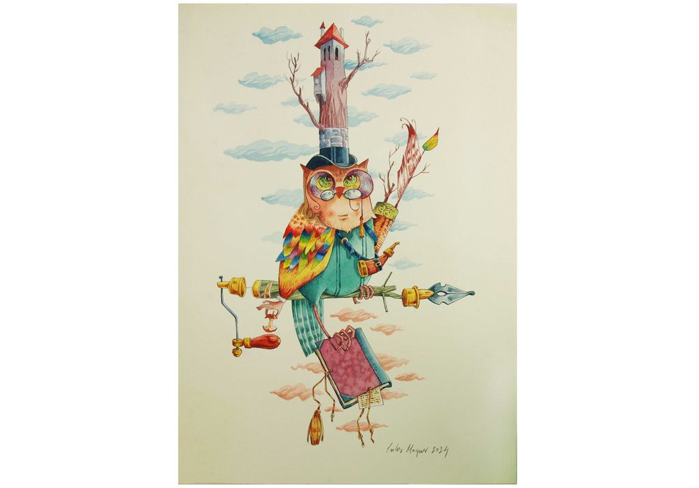 Aguarela original de Carlos Marques. Fantasia, surreal, Mocho.