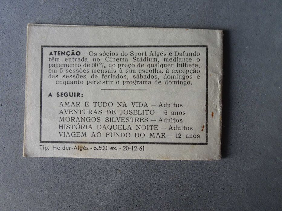 Programa Cinema Stadium Sport Algés e Dafundo Janeiro 1962