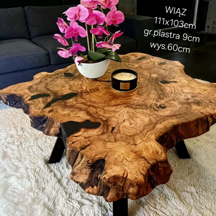 Stolik kawowy 111x103cm PIĘKNY OKAZ LIVE EDGE plaster drewna