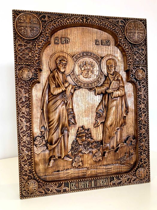 Різьблена ікона з дерева святих апостолів Петра і Павла 40х30 см