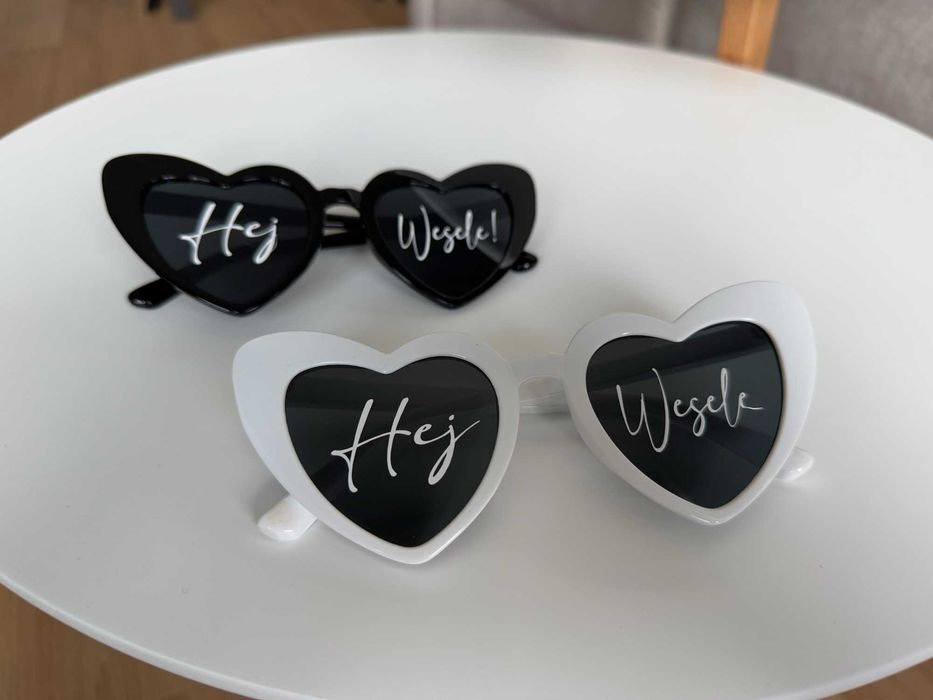 Okulary serca na ślub i wesele - zestaw: białe i czarne "Hej Wesele!"