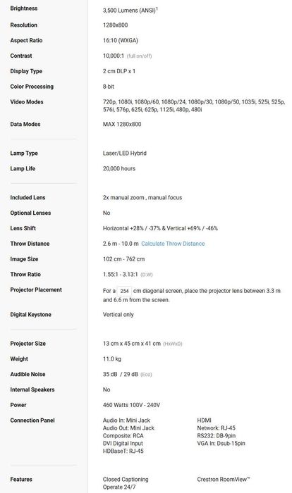 Лазерний LED кіно проектор Panasonic PT-RW330U яскравість 3500ANSI ISO