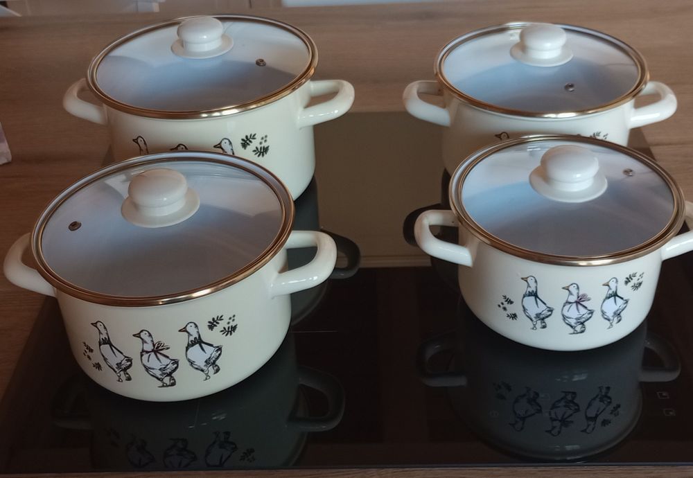 Garnek Emaliowany Floriana z pokrywką szklaną. Zestaw 4szt.