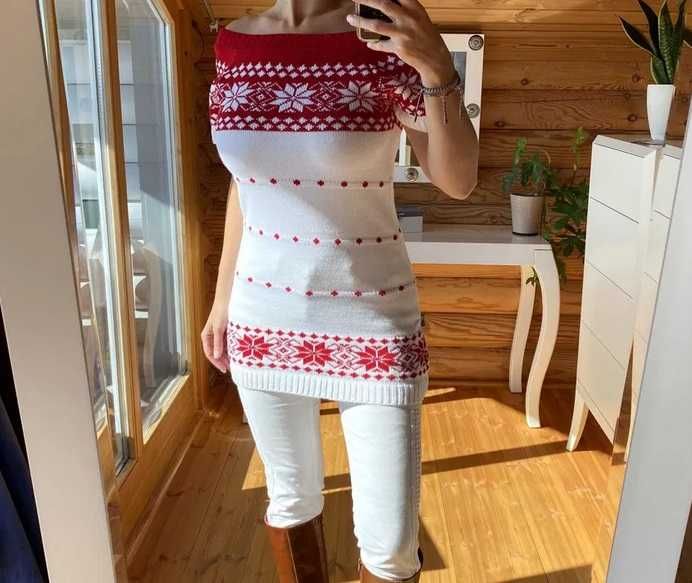Krótka tunika / sweterek na Święta prezent czerwona biała S/M