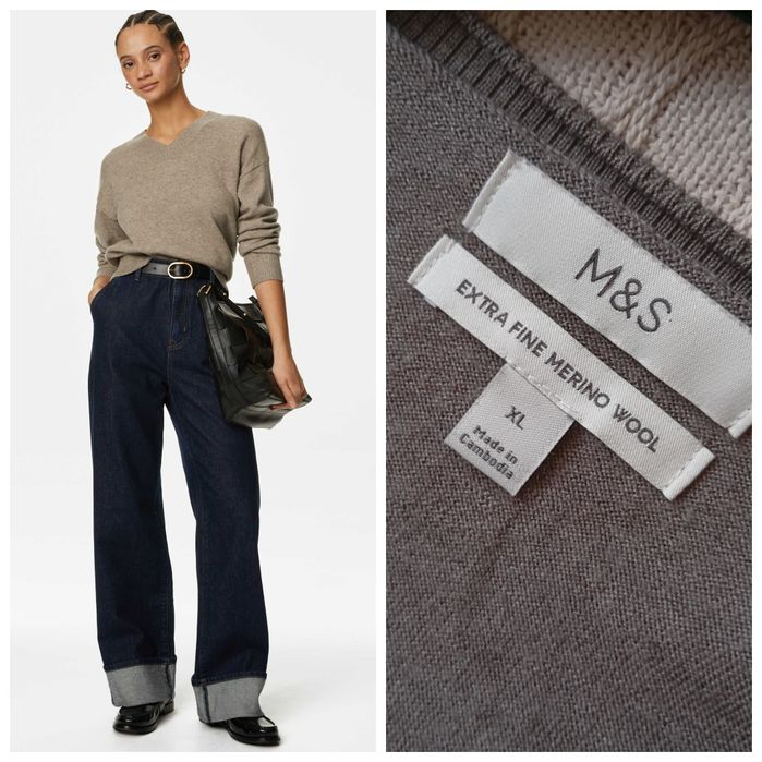 M&S XL luksusowy sweter luźny Extra Fine MERINO WOOL kolor taupe kakao