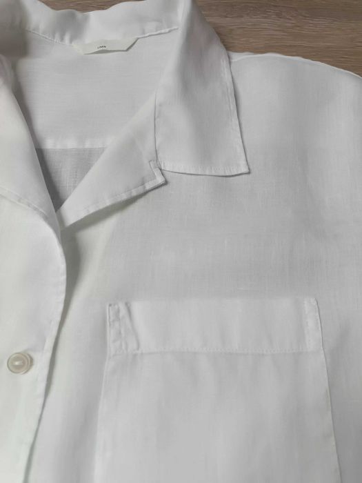 Bluzka pudełko biała krótki rękaw guziki kołnierzyk kieszonki len 'H&M' M