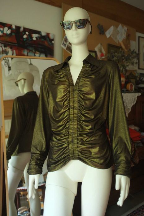 złota metaliczna wieczorowa marszczona bluzka Badgley Mischka brokat