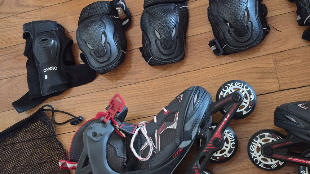 Patins + proteções + mochila