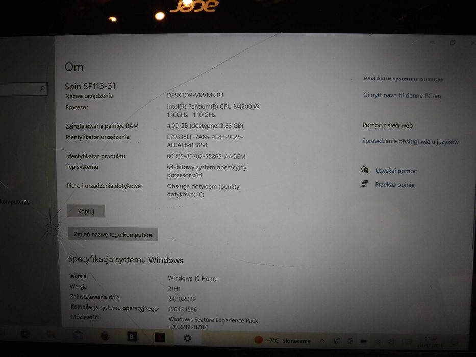 laptop acer spin 1 sp113-31  pozn  - popękany ekran