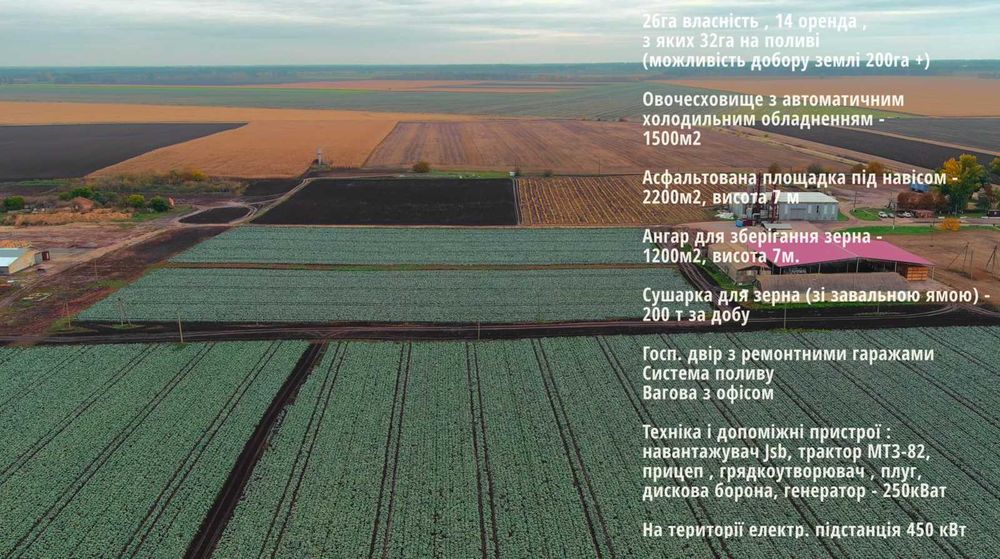 Продаж фермерського комплексу 26га. Земля, склади, сушарки, техніка