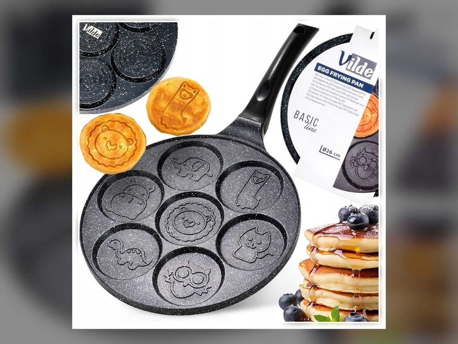 Nowa Patelnia Granitowa do Jajek Sadzonych 26 cm Patelnia na Placki Pancakes 7 Otworów Zwierzątka