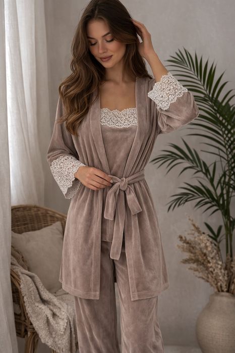 Жіноча піжама 4в1: халат, майка, шортики , штани в кольорі капучіно