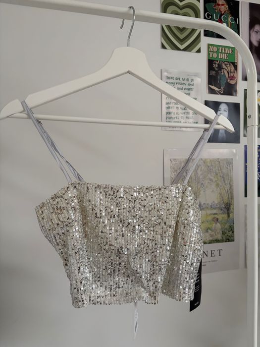 nowy krótki cekinowy top srebrny cekiny vintage na-kd XS