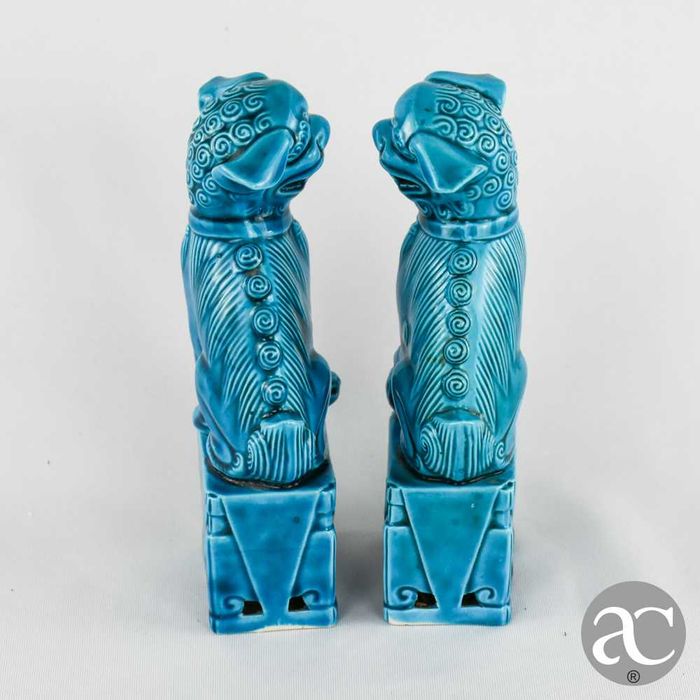 Par de Cães de Foo porcelana da China em Azul-turquesa