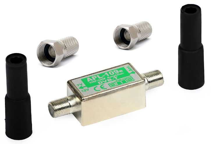 Wzmacniacz antenowy telewizyjny TV APL-109e 23/28 dB + 2 wtyki typu F