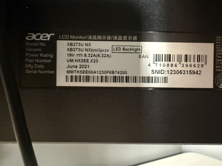 Monitor Acer XB273 NX matowy 2K, IPS, 275Hz, HDR400, G-sync