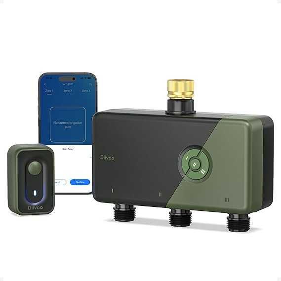 Diivoo 3 Zone WiFi Water Timer with Brass Inlet, Smart Sprinkler Hose Timer 3 Outlets Compatible with Alexa/Google Assistant,, Rain Delay BDMP