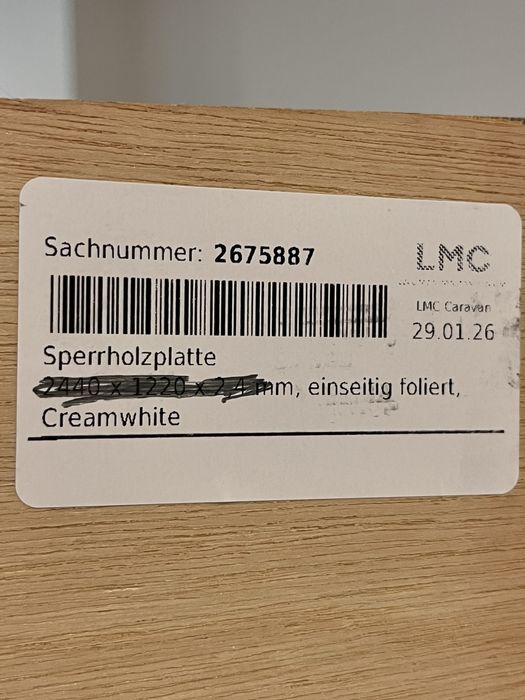 Sklejka płyta do przyczepy kampera Bürstner 2,4 mm Creamwhite knaus LMC