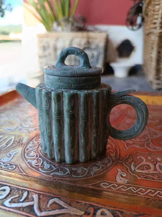 Bule Jade Antigo Pedra Natural forma de bambu 13 cm
