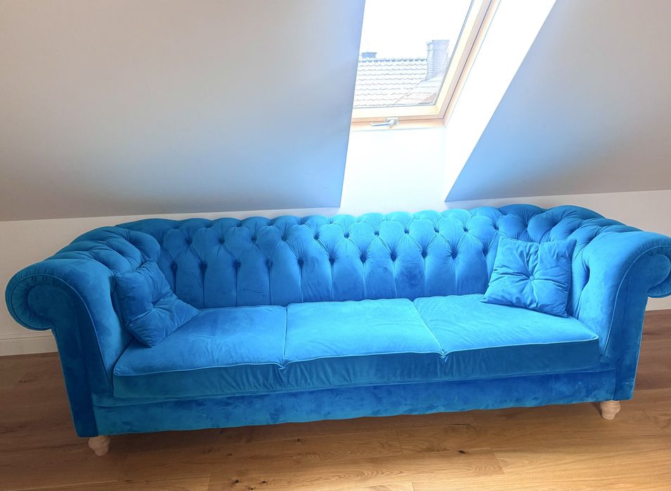 Sofa Chesterfield kanapa turkusowa, blekitna niebieska aksamitna