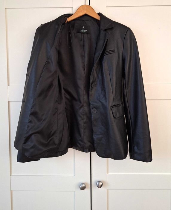 Czarna Marynarka Żakiet Blejzer Imitacja Skóry Eko Skóra Stradivarius