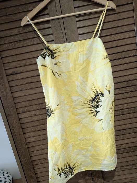 sukienka letnia żółta h&M kwiaty len lniana 34 XS mini na ramiączkach