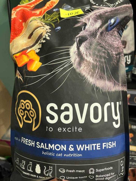Сухой корм для длинношерстных кошек Savory, со свежим лососем и белой рыбой, 2 кг