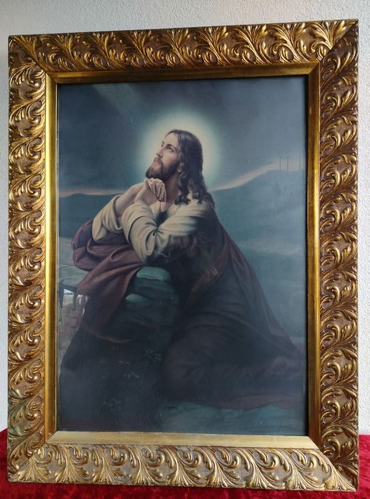 Jezus w Ogrójcu stary wielki oleodruk w pieknej zlotej ramie