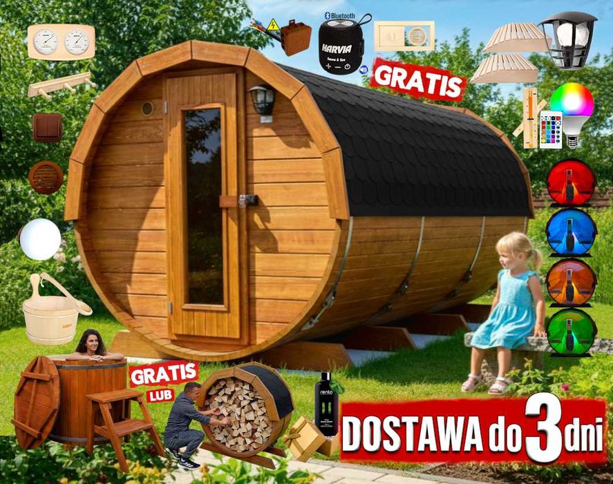 SAUNA Ogrodowa 400 cm + PRZEBIERALNIA + GRATIS Beczka / Wiata + Akcesoria