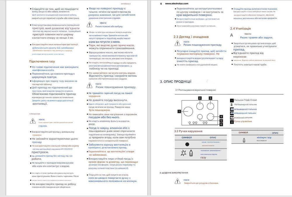 Варильна поверхня газова Electrolux EGW7353 NOK Manual Мade in Italy