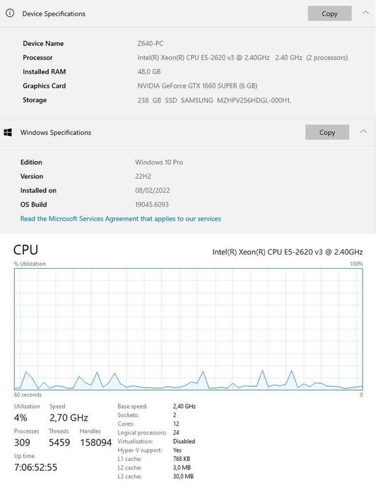 Workstation PC HP Z640  - Win10 Pro 2xXeon 12Core 48GB R NVIDIA GTX 6G
