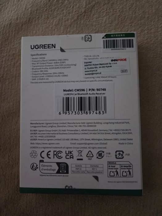 Adapter Bluetooth UGREEN CM596 Odbiornik Bluetooth 5.3 AUX jack 3,5mm