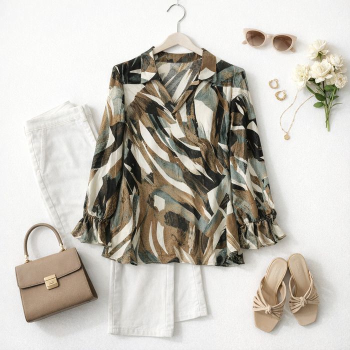 Kremowo karmelowa bluzka wzorzysta XL 42