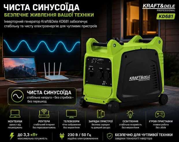 Інверторний генератор KRAFT&DELE KD681 — 3,3 кВт, чиста синусоїда