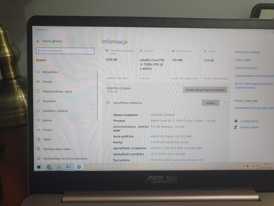 Laptop ASUS UX410U SSD