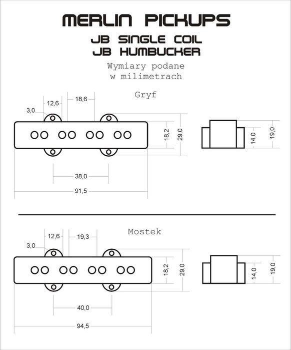 Merlin JB Humbucker przetwornik do gitary basowej Merlin Pickups