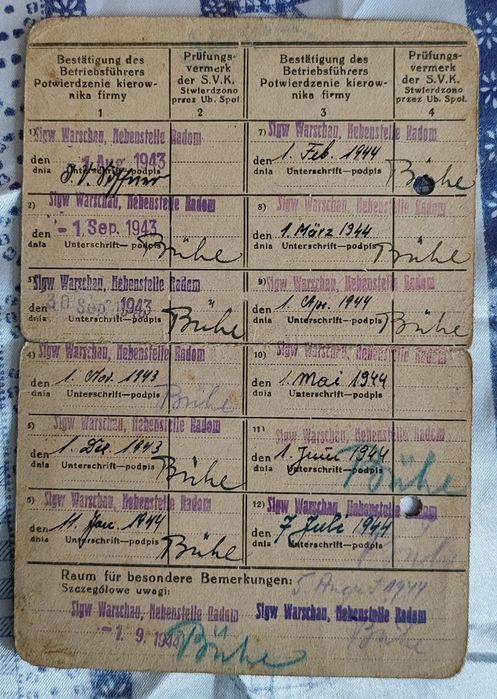 Stary dowód pracy kolej Radom 1943 rok okupacja PKP