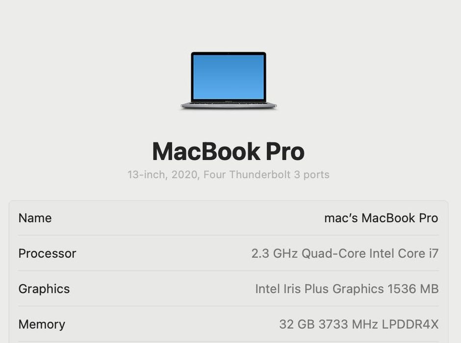 MacBook Pro 13’ 2020 Intel i7 32GB RAM 512GB SSD Gray