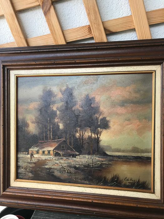 Oryginalny Obraz Olejny Dom nad Jeziorem