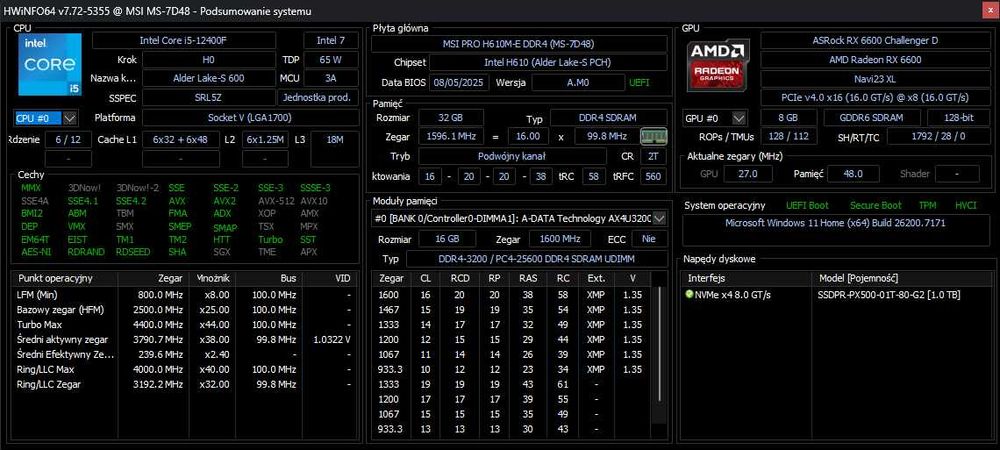 Komputer gamingowy do gier RX6600 i5 12400f 32GB DDR4 1TB SSD 550W PSU