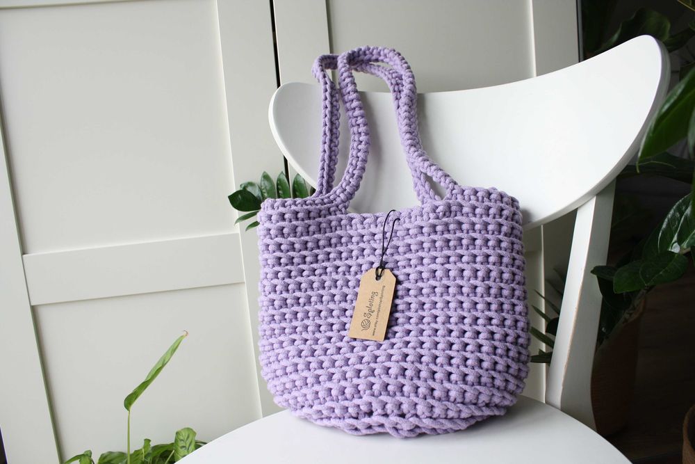 Lawendowa torba szydełkowa typu shopper z podszewką, bawełna