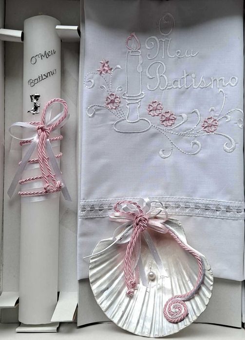 conjunto para batismo / batizado: vela, concha, toalha