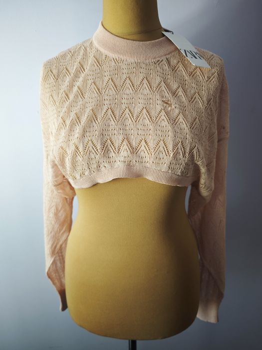 Zara Różowy Sweter Crop Top Ażurowy Splot Pointelle nowy z dziurką