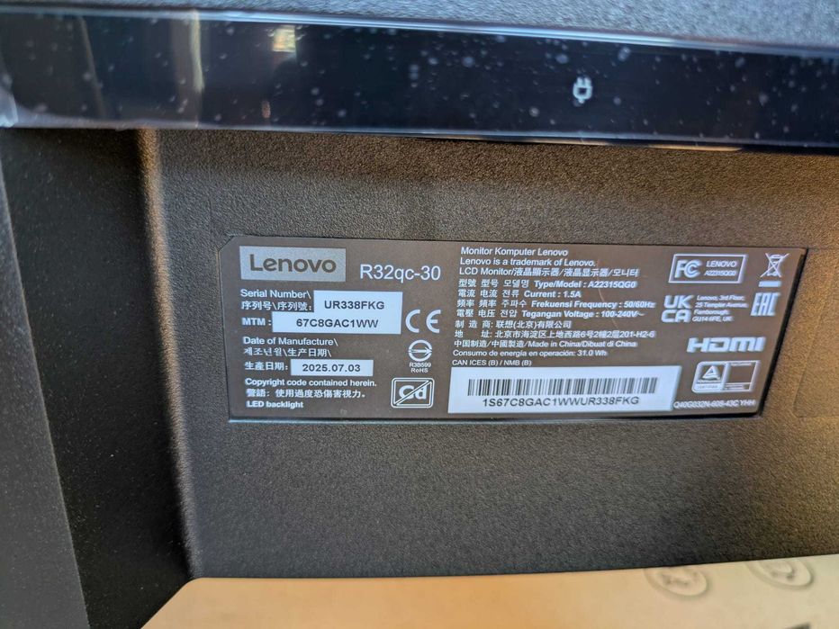 Monitor Curvo Lenovo Legion R32qc-30 VA W-LED 31.5" QHD 16:9 180Hz FreeSync