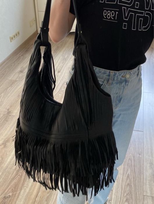 Шкіряна велика сумка Zara з бахромою