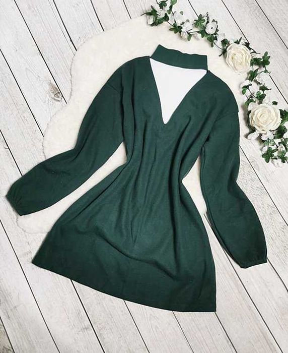Asos Zielona Sukienka Dzianinowa Sweter Choker Boho Retro Oversize