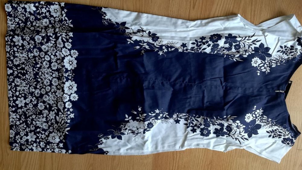 Wyszczuplająca wizytowa granatowo biała sukienka w kwiaty 42 nowa