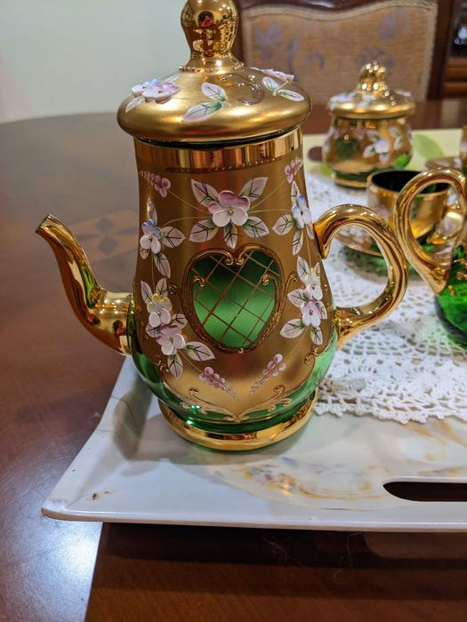 Хрусталь Богемия лепка кофейний сервіз зелений  на 6 персон