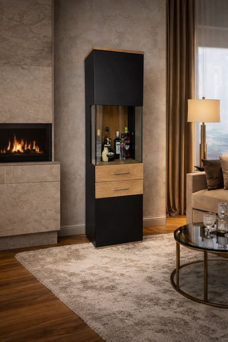 Nowoczesny barek / witryna na alkohol – szkło, drewno, czarny mat | 19